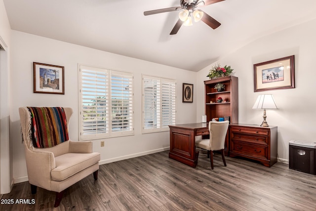 office featuring vaulted ceiling, dark wood-type flooring, and ceiling fan