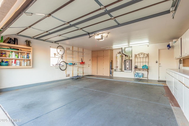 garage with a garage door opener and gas water heater