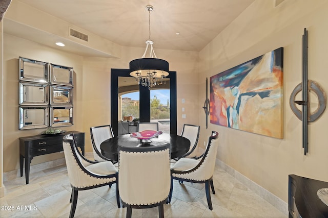 dining room featuring visible vents, recessed lighting, baseboards, and a chandelier