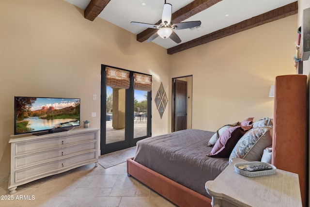 bedroom featuring stone tile floors, beamed ceiling, ceiling fan, access to outside, and french doors