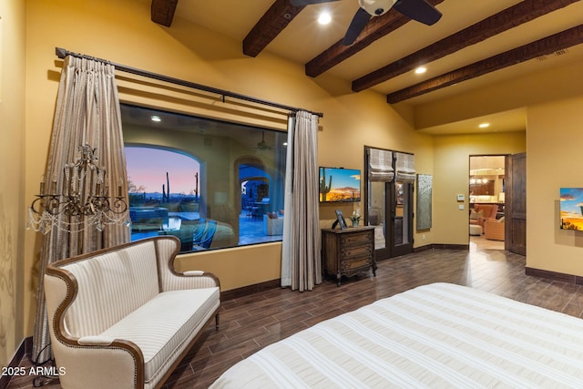 bedroom with baseboards, recessed lighting, beam ceiling, and wood finish floors