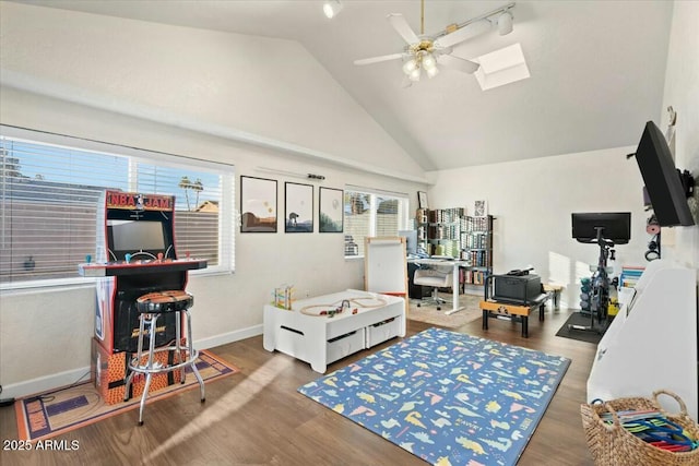 rec room with a healthy amount of sunlight, a skylight, and wood finished floors