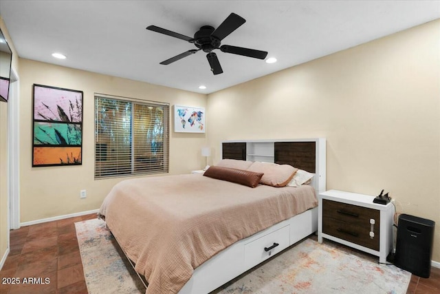 bedroom featuring recessed lighting, a ceiling fan, and baseboards