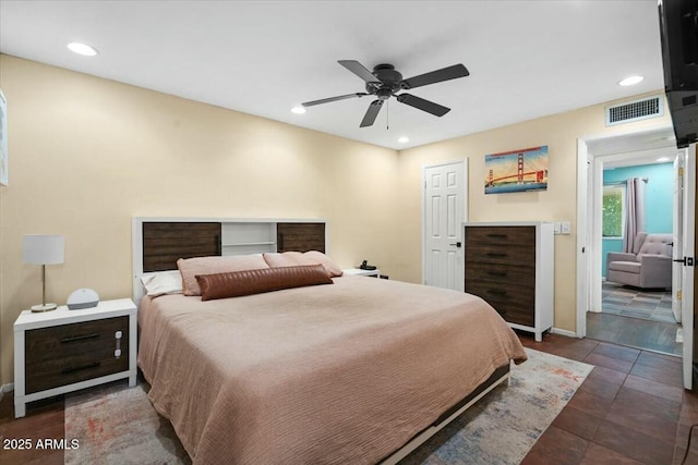 bedroom with baseboards, recessed lighting, visible vents, and ceiling fan