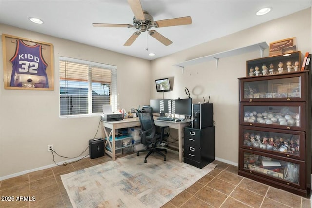 office area featuring tile patterned floors, baseboards, ceiling fan, and recessed lighting