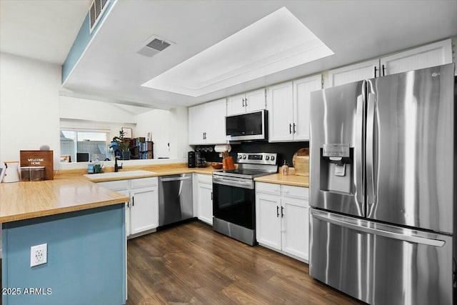 kitchen featuring a peninsula, white cabinets, visible vents, and appliances with stainless steel finishes