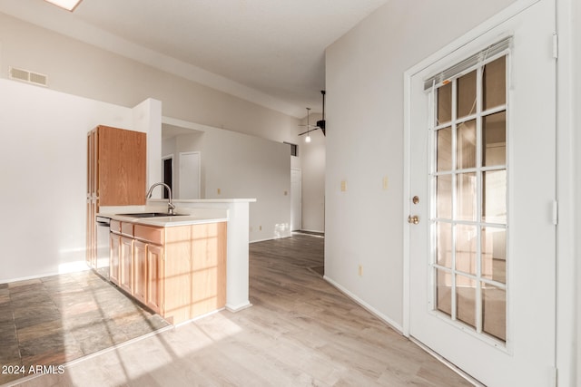 kitchen with dishwasher, light hardwood / wood-style floors, kitchen peninsula, and sink