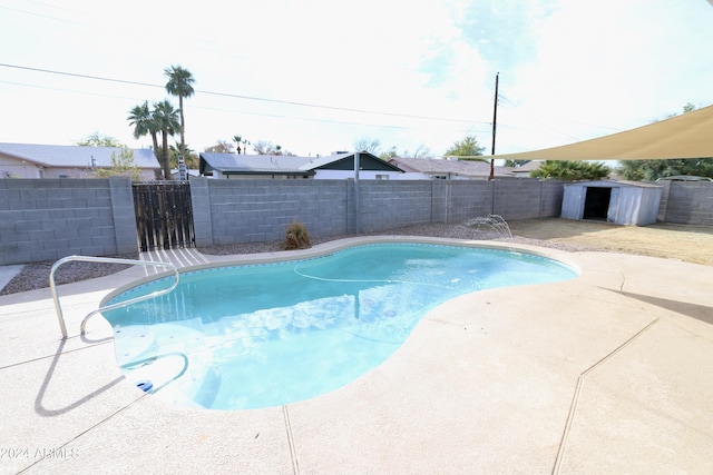 view of swimming pool with a storage unit and a patio area