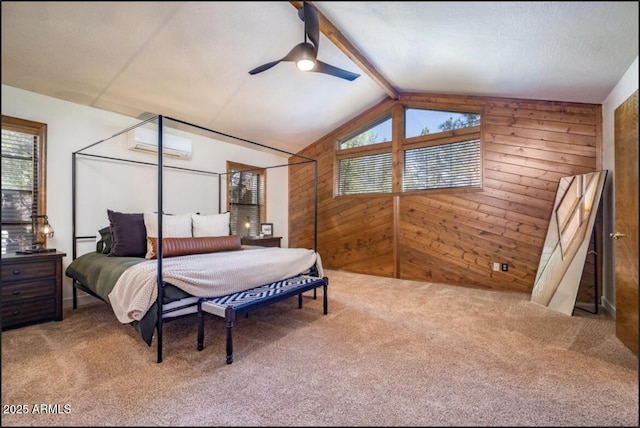17405 S Shadow Rock Pl, Munds Park, AZ 86017 - carpeted bedroom featuring wood walls, multiple windows, a wall mounted air conditioner, and ceiling fan