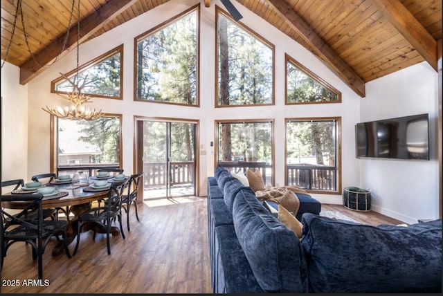 17405 S Shadow Rock Pl, Munds Park, AZ 86017 - living room with a wood ceiling with exposed beams, wood finished floors, a chandelier, plenty of natural light, and high vaulted ceiling
