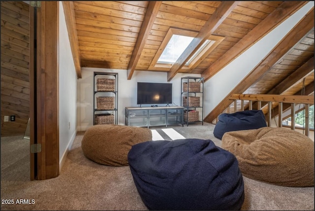17405 S Shadow Rock Pl, Munds Park, AZ 86017 - living room with a skylight, wood ceiling, and carpet