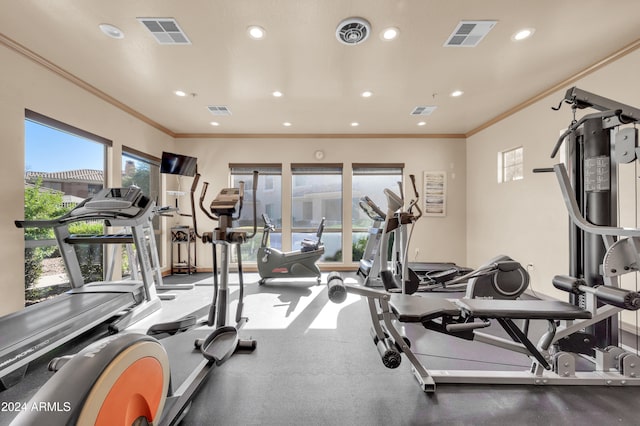 workout area featuring ornamental molding