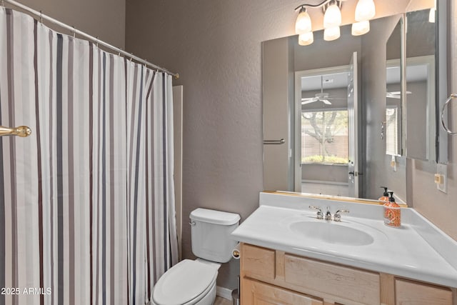 bathroom featuring vanity, toilet, and curtained shower