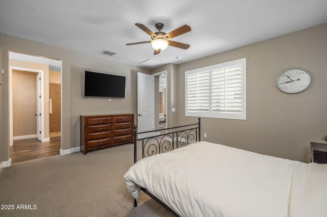 bedroom featuring visible vents, carpet, ceiling fan, and baseboards