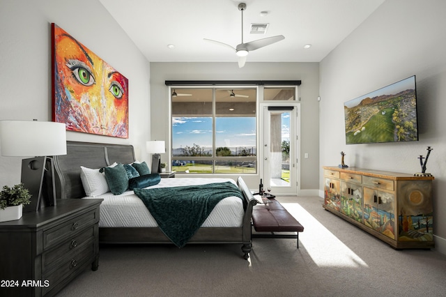 carpeted bedroom with access to exterior and ceiling fan