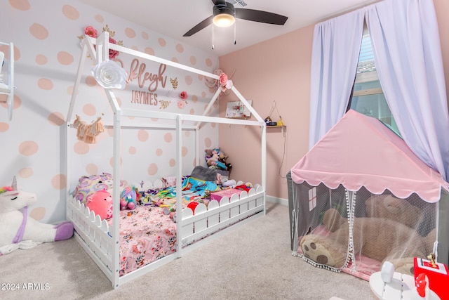 bedroom with carpet flooring and ceiling fan