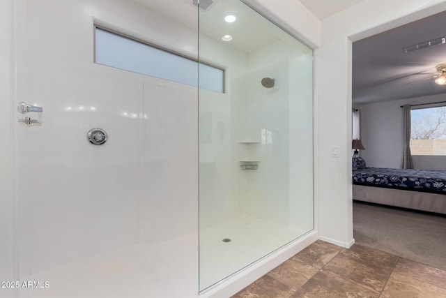 bathroom with ensuite bath, walk in shower, and visible vents