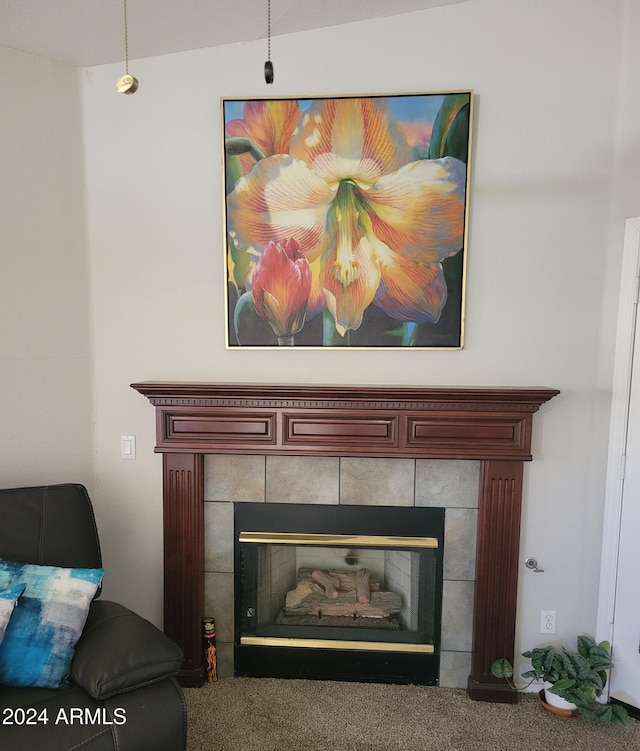 room details with carpet floors and a tile fireplace