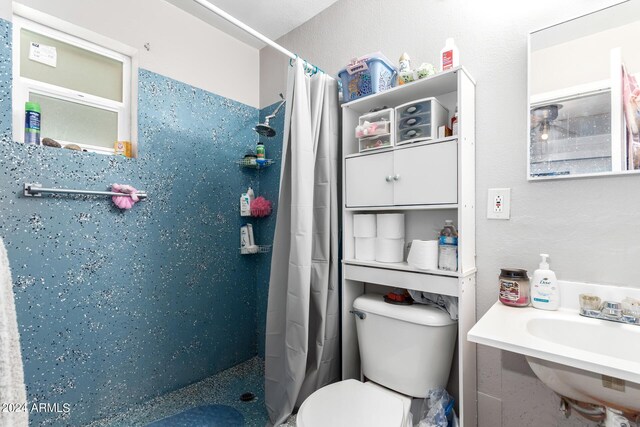 bathroom featuring toilet, curtained shower, and sink