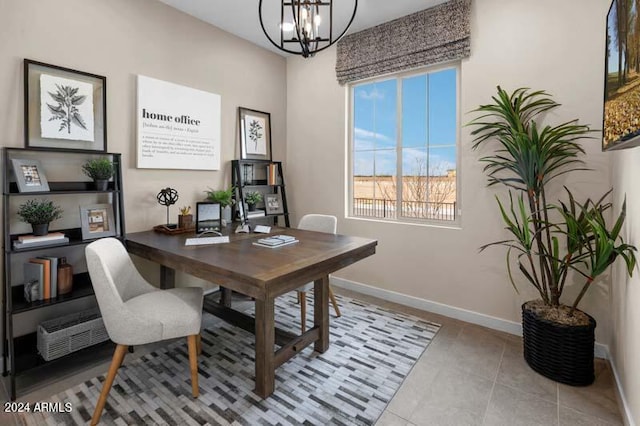 9243 E Sector Dr, Mesa, AZ 85212 - office area with tile patterned floors, baseboards, and a notable chandelier