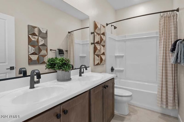 9243 E Sector Dr, Mesa, AZ 85212 - bathroom featuring a sink, double vanity, shower / tub combo with curtain, and toilet