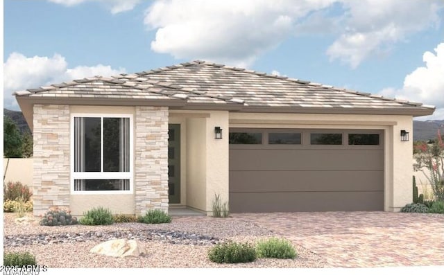 5328 W Las Palmaritas Dr, Glendale, AZ 85302 - prairie-style house featuring decorative driveway, stucco siding, a garage, and stone siding