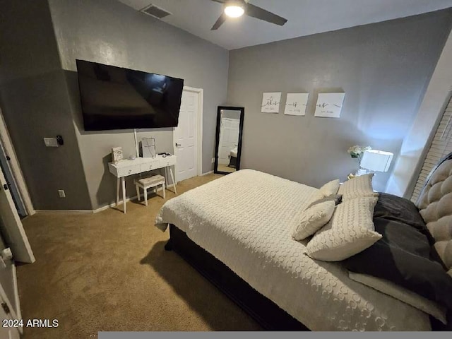 carpeted bedroom featuring ceiling fan