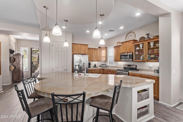 kitchen featuring appliances with stainless steel finishes, pendant lighting, a spacious island, and dark wood-type flooring