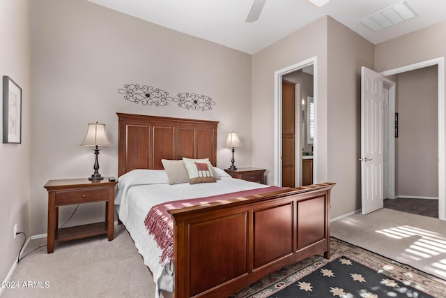 carpeted bedroom featuring ceiling fan