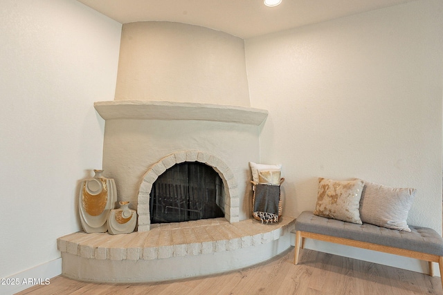 details featuring hardwood / wood-style floors and a fireplace