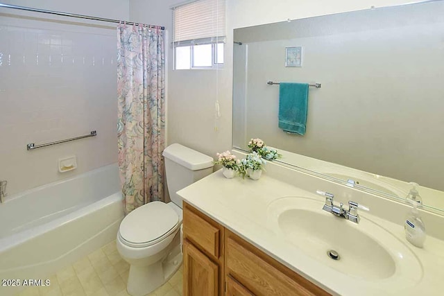 full bathroom with vanity, shower / tub combo, and toilet