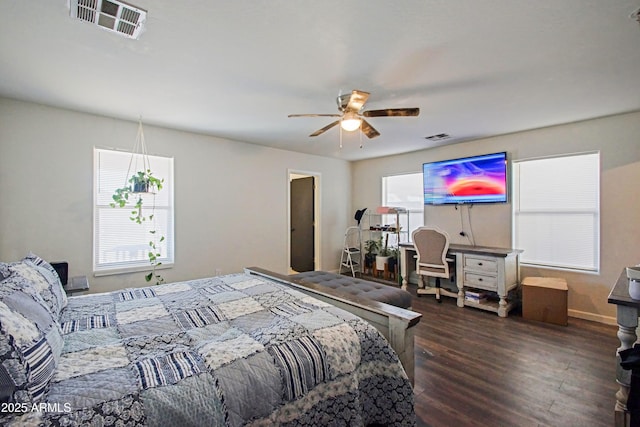 bedroom featuring dark hardwood / wood-style floors and ceiling fan