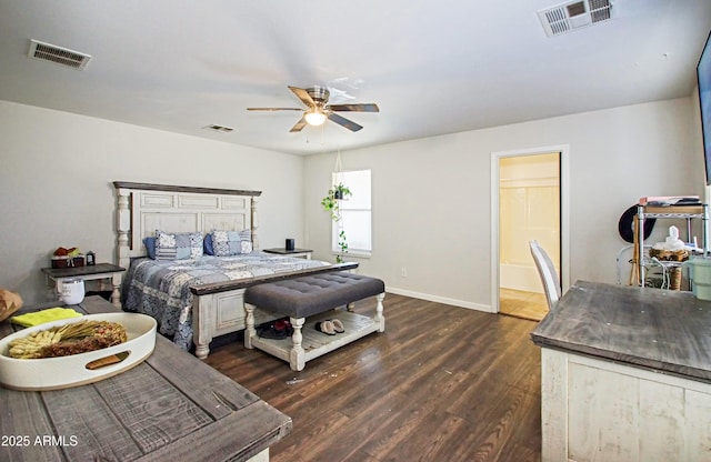 bedroom featuring ceiling fan, connected bathroom, and dark hardwood / wood-style flooring