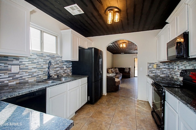 kitchen with white cabinetry, sink, wooden ceiling, and black appliances