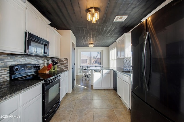 kitchen featuring wood ceiling, black appliances, white cabinets, and light tile patterned flooring