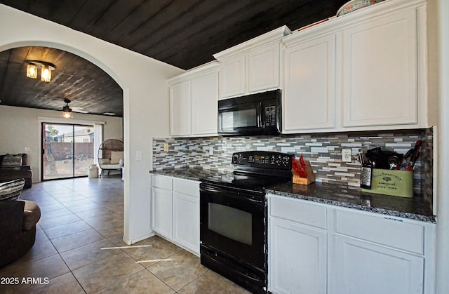 kitchen with ceiling fan, wood ceiling, black appliances, and white cabinets