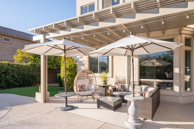 view of patio with an outdoor hangout area and a pergola