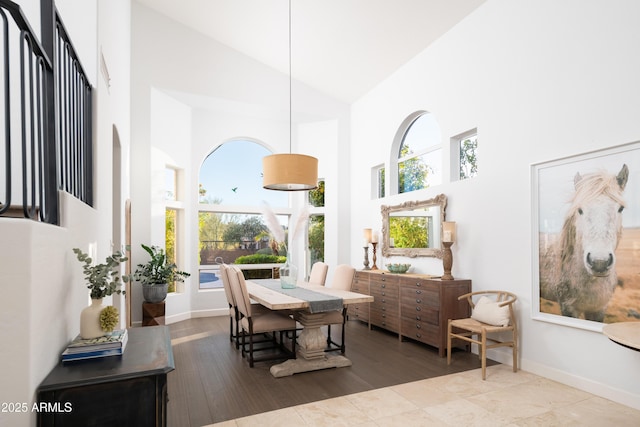 dining area with light hardwood / wood-style flooring and high vaulted ceiling