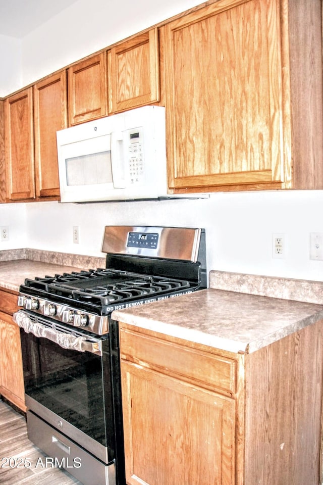 kitchen featuring light hardwood / wood-style flooring and stainless steel gas range oven