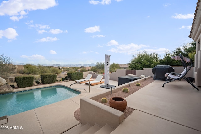 view of swimming pool with a grill and a patio