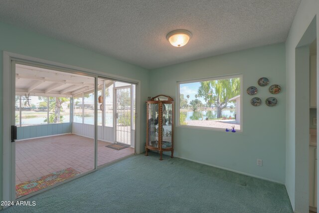 unfurnished living room with carpet flooring, a brick fireplace, a textured ceiling, and a healthy amount of sunlight