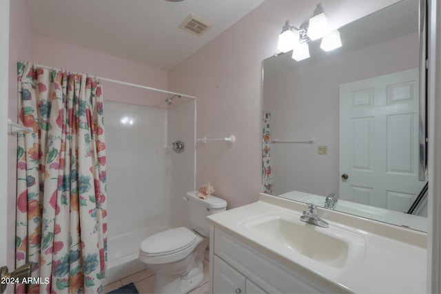 full bath with visible vents, toilet, vanity, and a shower with shower curtain