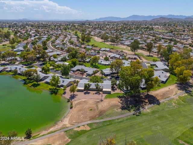 aerial view featuring a residential view and a water and mountain view