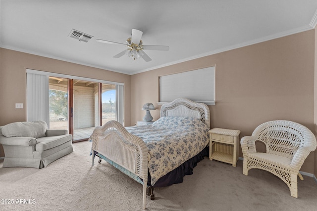 carpeted bedroom with ceiling fan, access to outside, visible vents, and ornamental molding