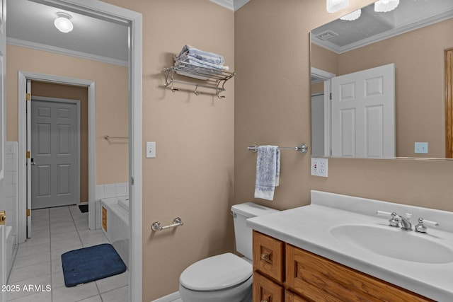 bathroom with visible vents, toilet, a tub to relax in, crown molding, and tile patterned flooring