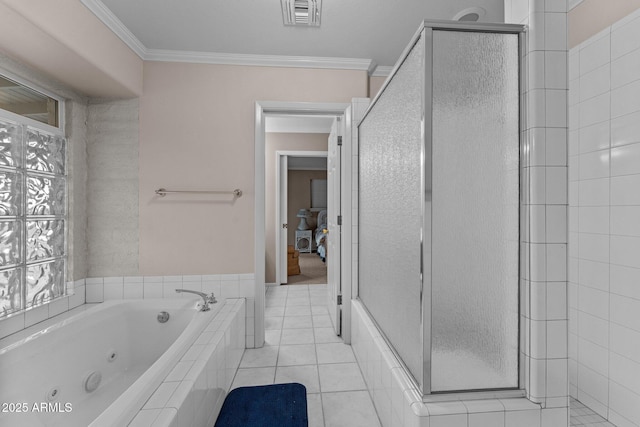 full bath with visible vents, a shower stall, crown molding, a jetted tub, and tile patterned floors