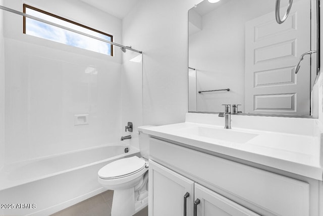 full bathroom with  shower combination, toilet, tile patterned floors, and vanity