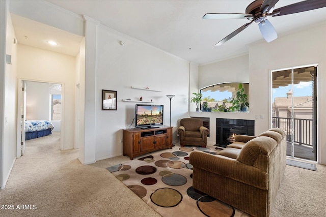11640 N Tatum Blvd Unit 3091, Phoenix, AZ 85028 - living area with high vaulted ceiling, a fireplace, ceiling fan, and carpet floors