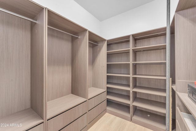 walk in closet with light hardwood / wood-style floors