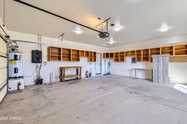 garage with water heater and a garage door opener